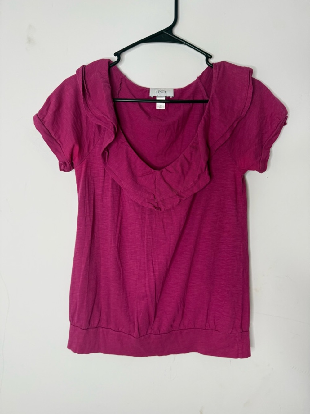LOFT Short Sleeve Ruffled V-Neck Top - Magenta Pink